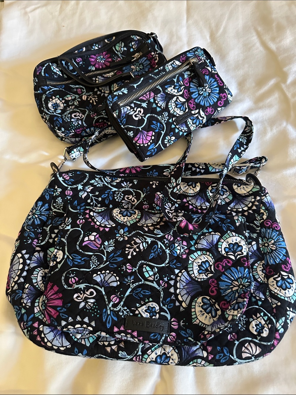 Vera Bradley Black Floral Quilted Shoulder Bag Set with Matching Wallets